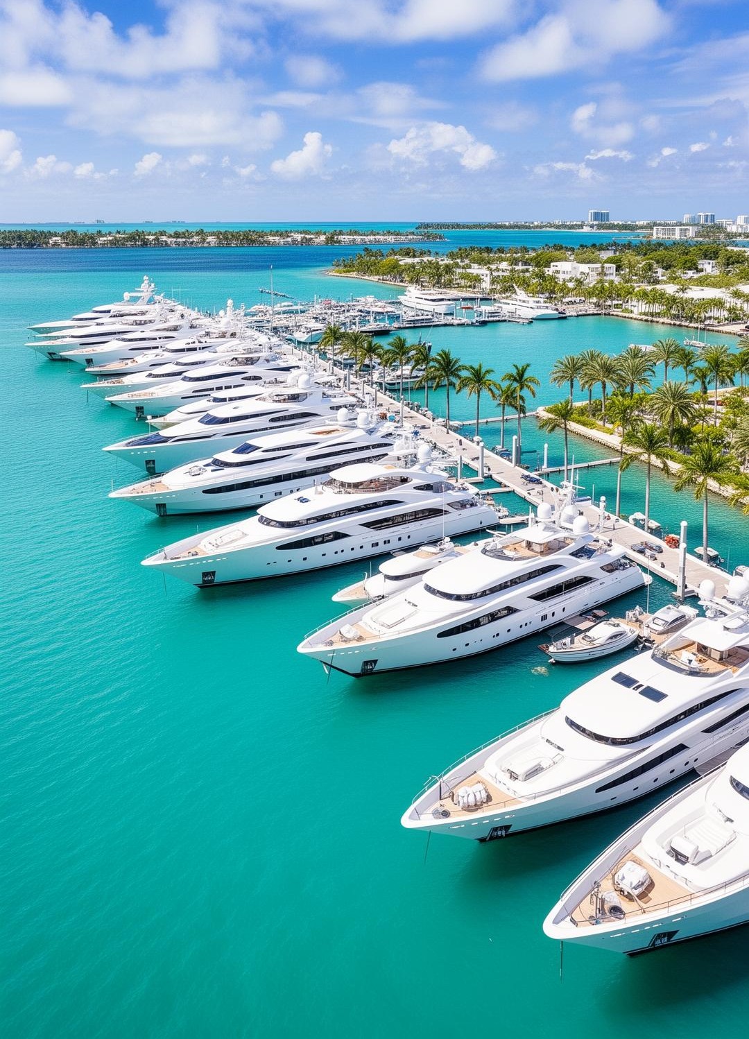 Luxury marina with yachts docked in turquoise water under a bright blue sky